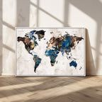Abstract Earth Tone Blue World Map Canvas Print | Framed Travel Map Wall Art