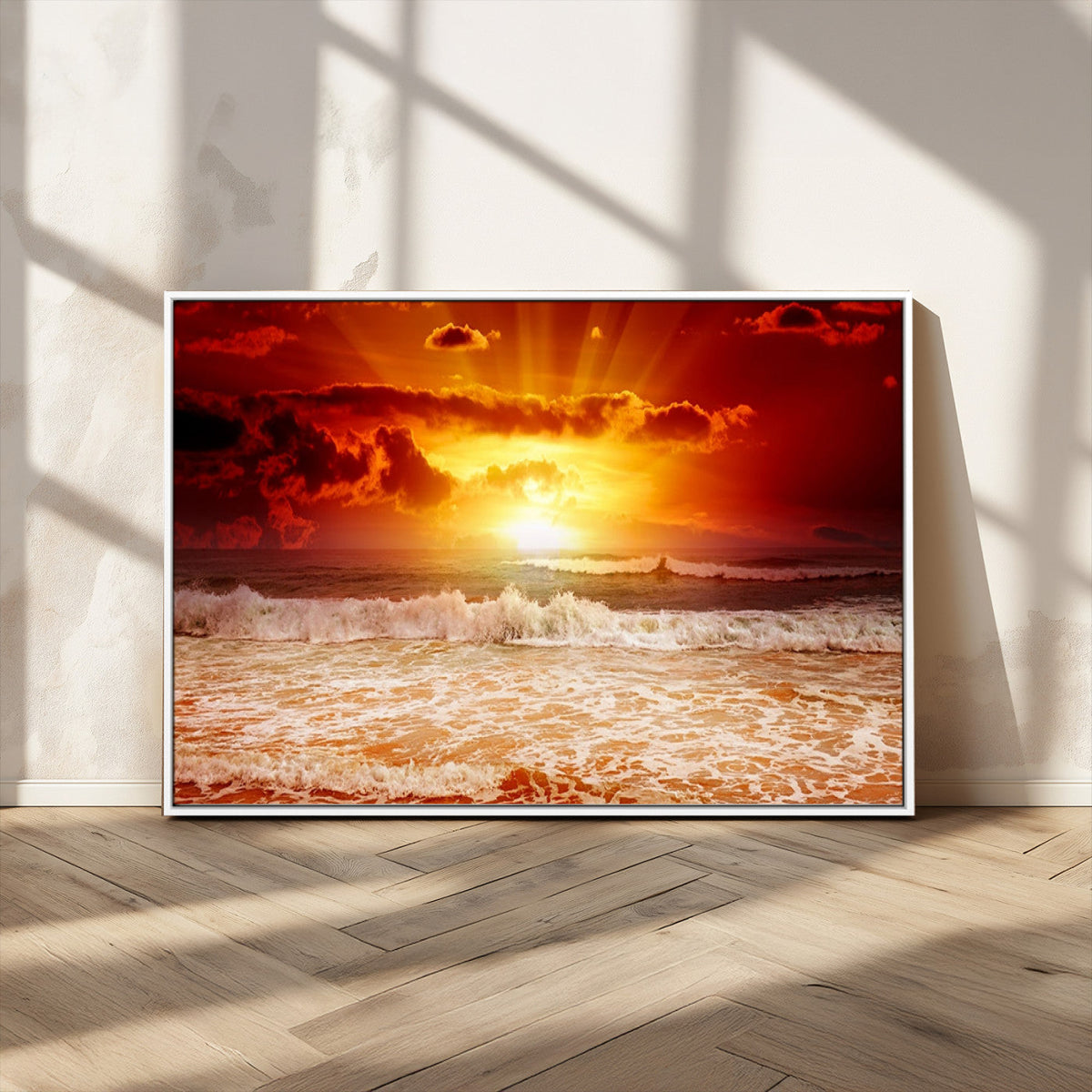 Red Sunset Ocean Beach Canvas Wall Art, Coastal Sunset Print