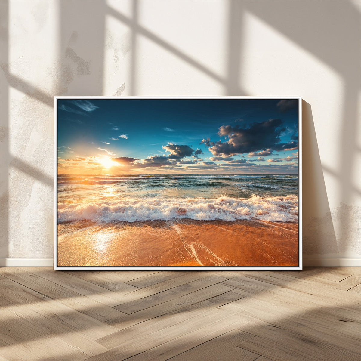 Golden Sunset Beach Triptych Canvas Art, Giclee Coastal Wall Decor, Ocean Waves Print