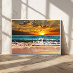 Golden Sunset Beach Canvas Wall Art | Triptych Seascape Print, Framed and Ready to Hang