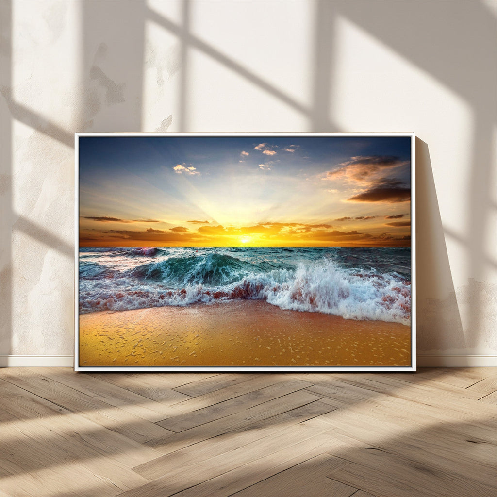 Golden Sunset Ocean Waves Wall Art Canvas Print | Multi Panel Beach Canvas Set, Coastal Triptych
