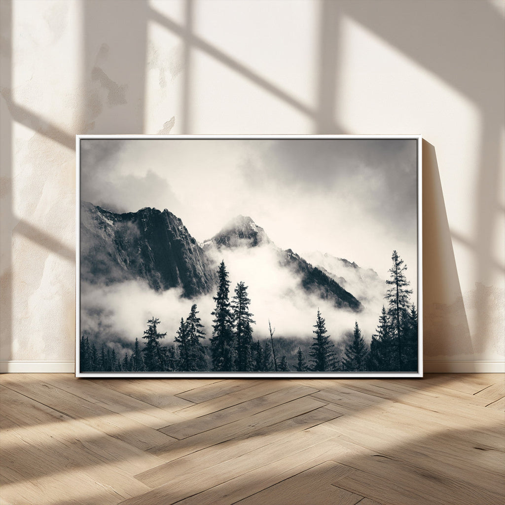 Forest Mountain Print | Black and White Canvas Wall Art with Misty Forest Design