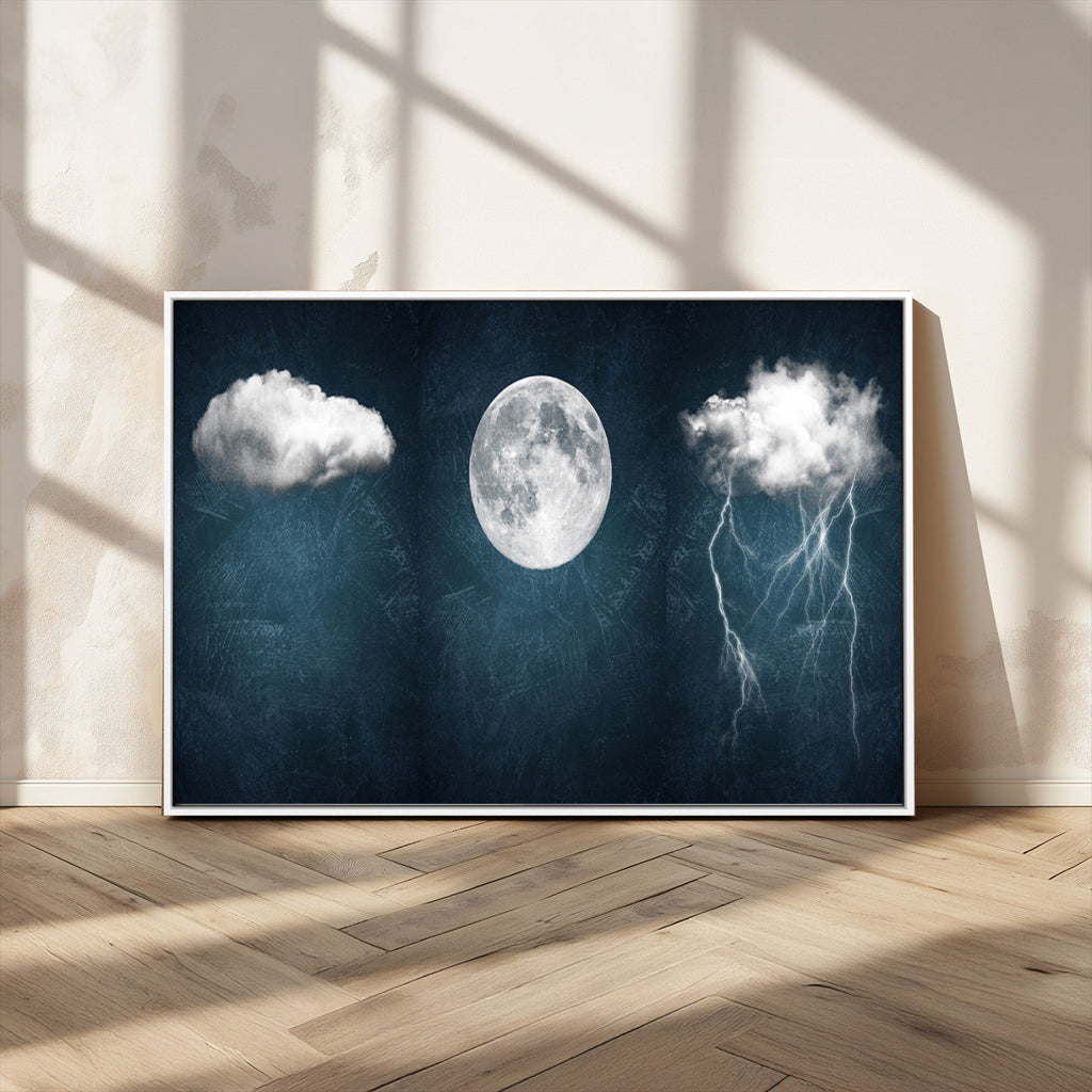 3 Piece Indigo Cloud Wall Art, Thunderstorm Moon Cloud Artwork