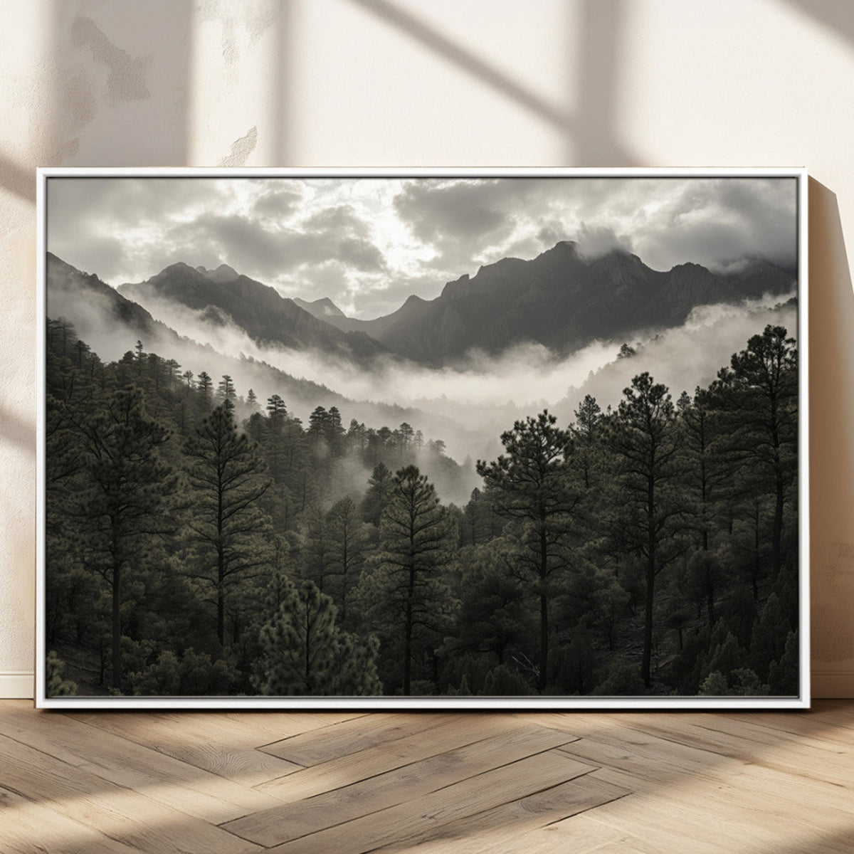 Moody Forest Wall Art | Framed Mountain Fog Canvas Artwork