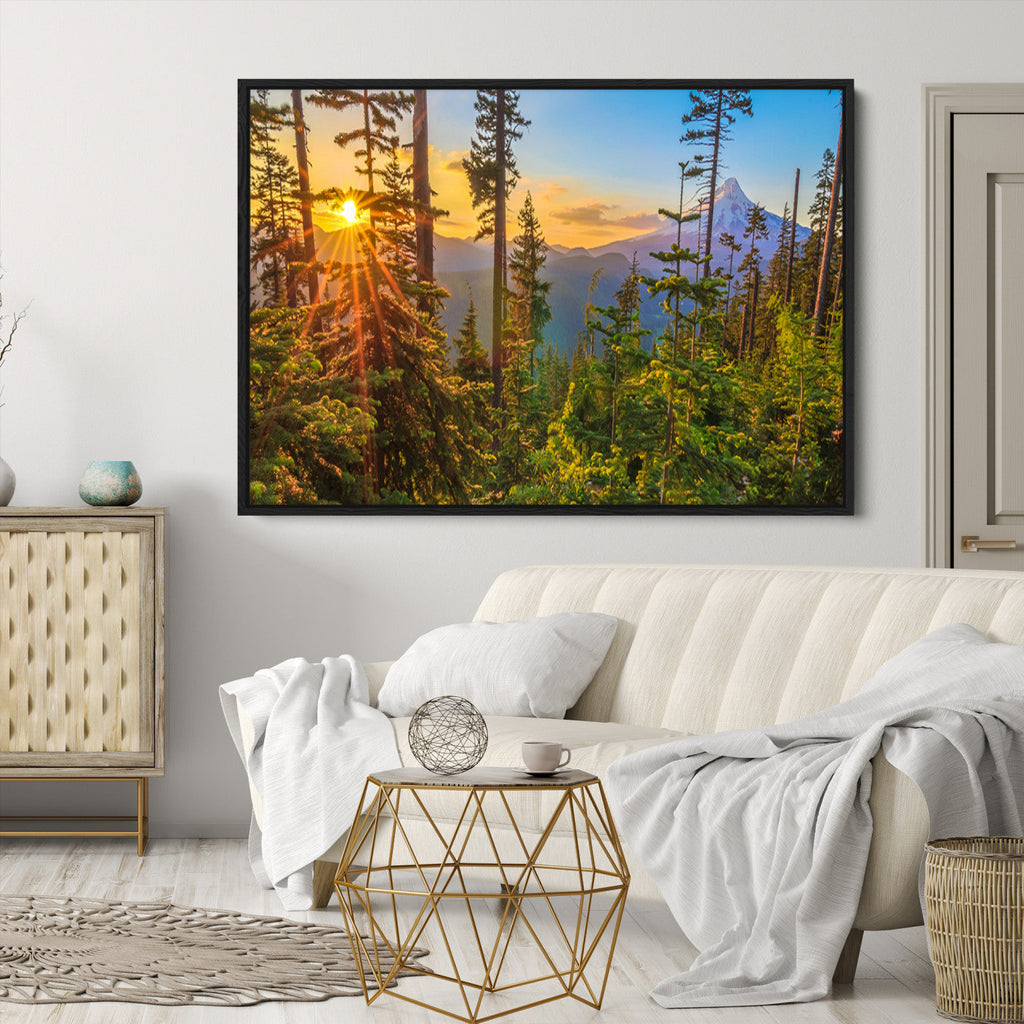 Forest Sunset Wall Art Canvas Print | Green Pines in Golden Light
