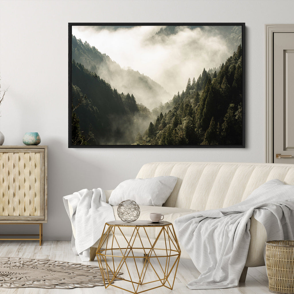 Misty Valley Wall Art Canvas Print | Foggy Forest and Pine Trees