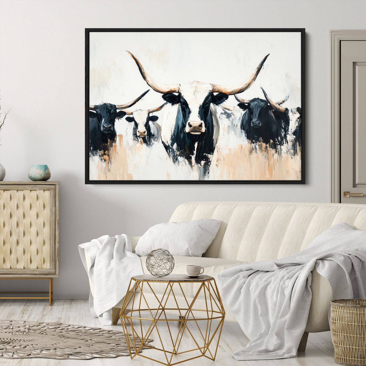 Texas Longhorn Wall Art Canvas Print | Majestic Horned Bull in Black and White