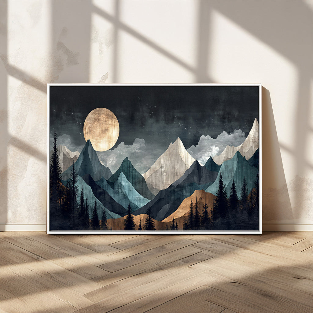 Moonlit Mountain Wall Art Canvas Print, Framed Silhouetted Pines Art, Layered Peaks Rustic Decor