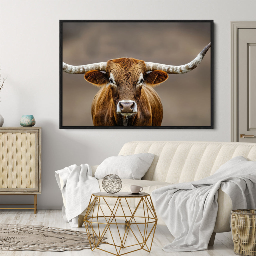 Texas Longhorn Wall Art Canvas Print | Rustic Brown Bull Western Decor