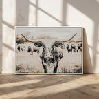 Texas Longhorn Wall Art Canvas Print | Framed Speckled Brown and White Bull