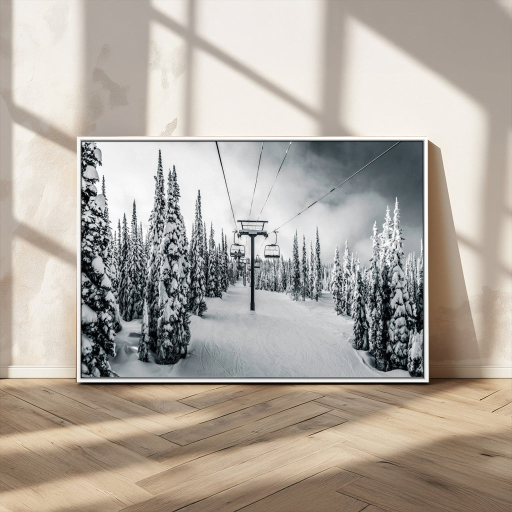 Snowy Pines Wall Art Canvas Print | Ski Lift in a Winter Forest