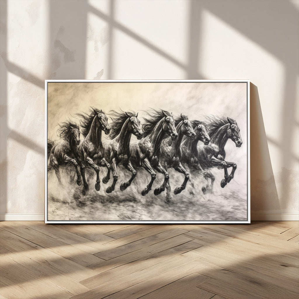 Running Horses Wall Art Canvas Print, Framed Monochrome Galloping Herd Sketch