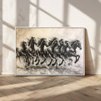 Running Horses Wall Art Canvas Print, Framed Monochrome Galloping Herd Sketch