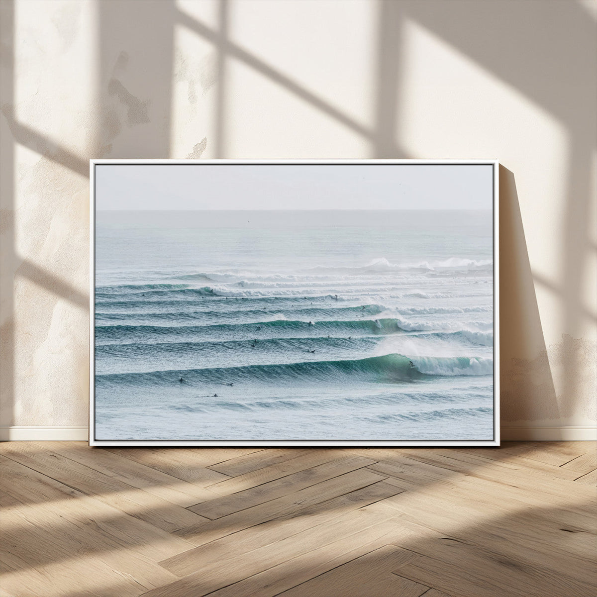 Ocean Waves Wall Art Canvas Print, Framed Surfer Lineup on a Crowded Ocean