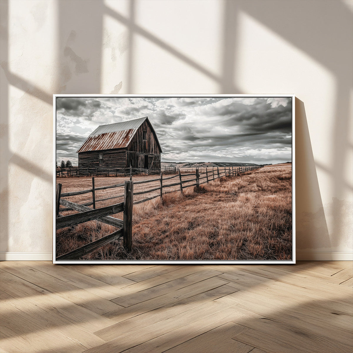 Rustic Barn Wall Art Canvas Print, Framed Moody Field Scene
