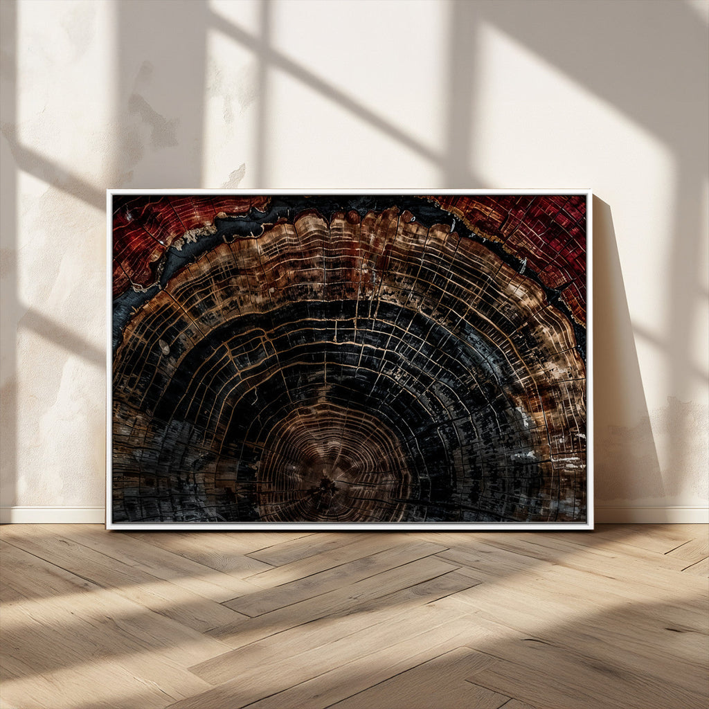 Dark Wood Ring Wall Art Canvas Print, Framed Abstract Tree Slice Print, Rustic Wood Grain Decor