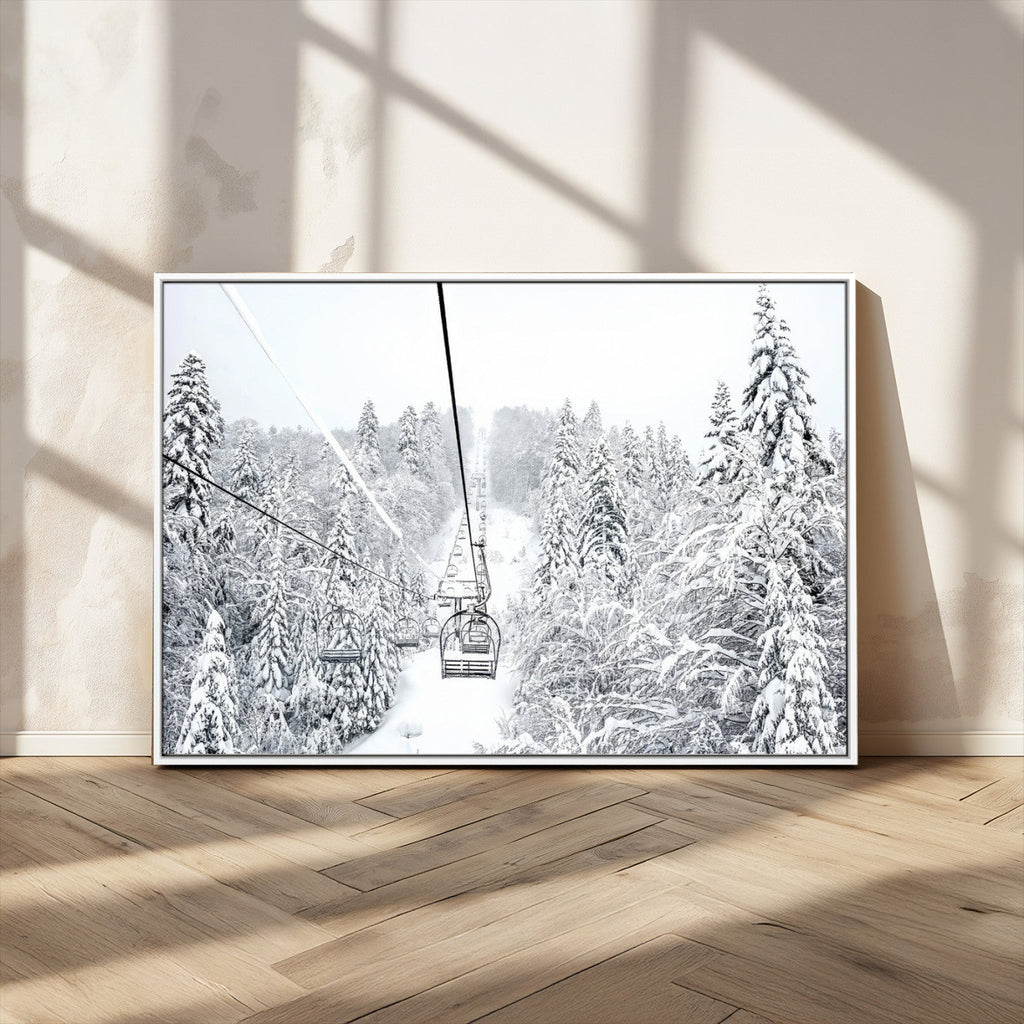 Snowy Ski Lift Wall Art | Framed Winter Mountain Canvas