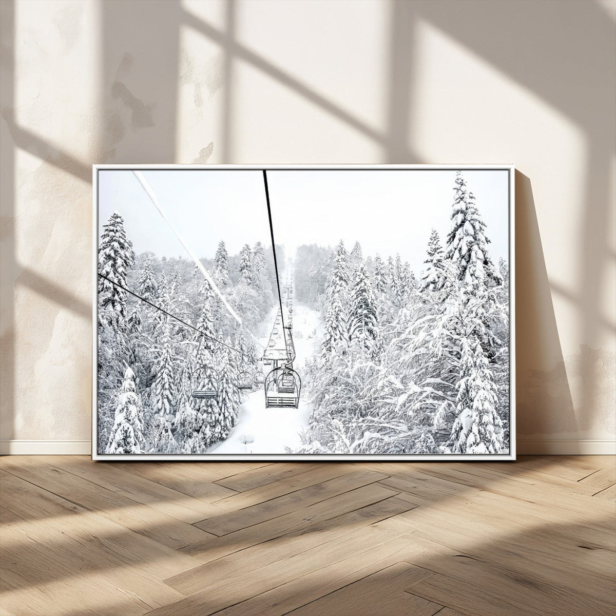 Snowy Ski Lift Wall Art | Framed Winter Mountain Canvas