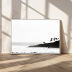 Surfer Cliffs Wall Art Canvas Print, Framed Black White Beach and Ocean Waves
