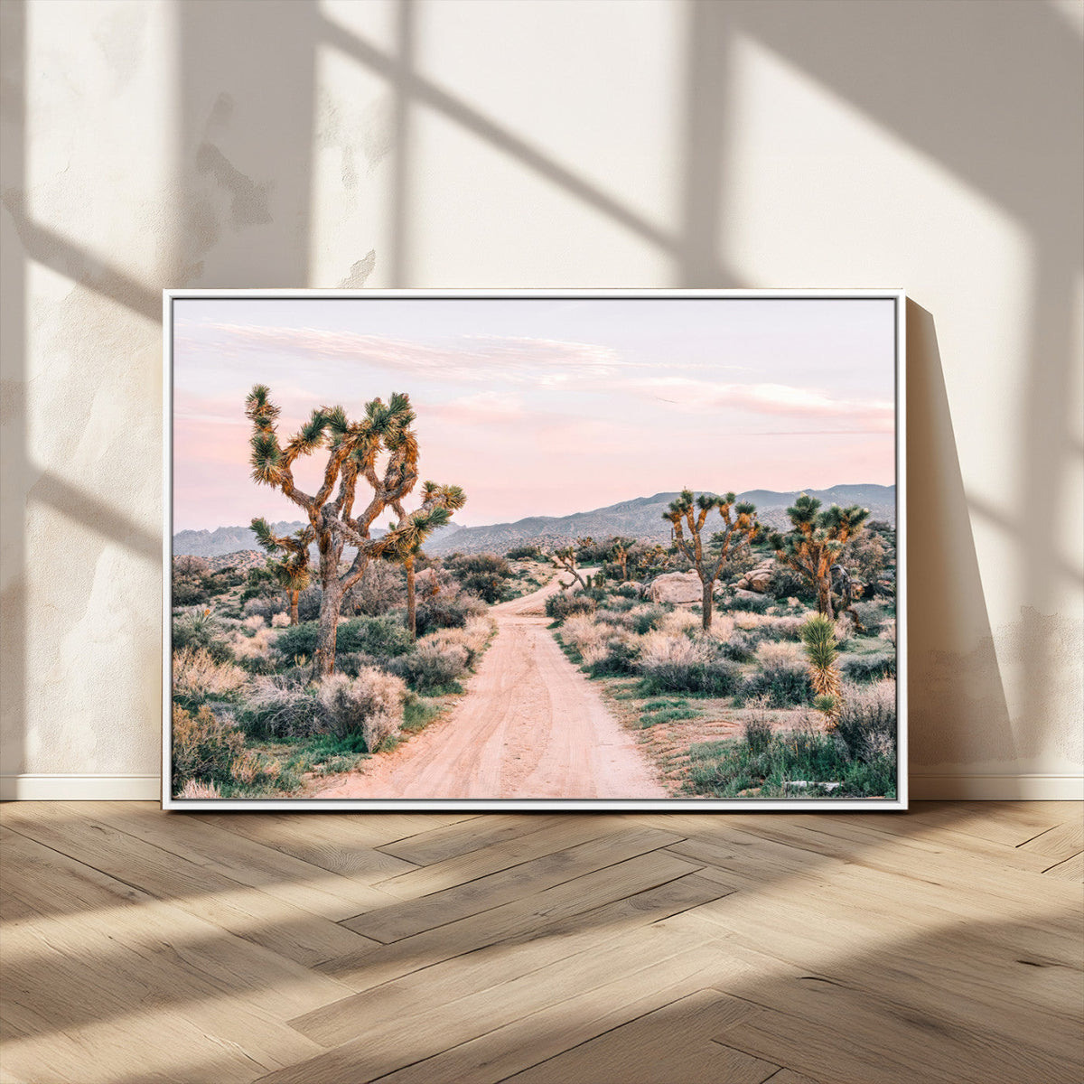 Joshua Tree Wall Art Canvas Print, Framed Desert Road Scene at Sunset
