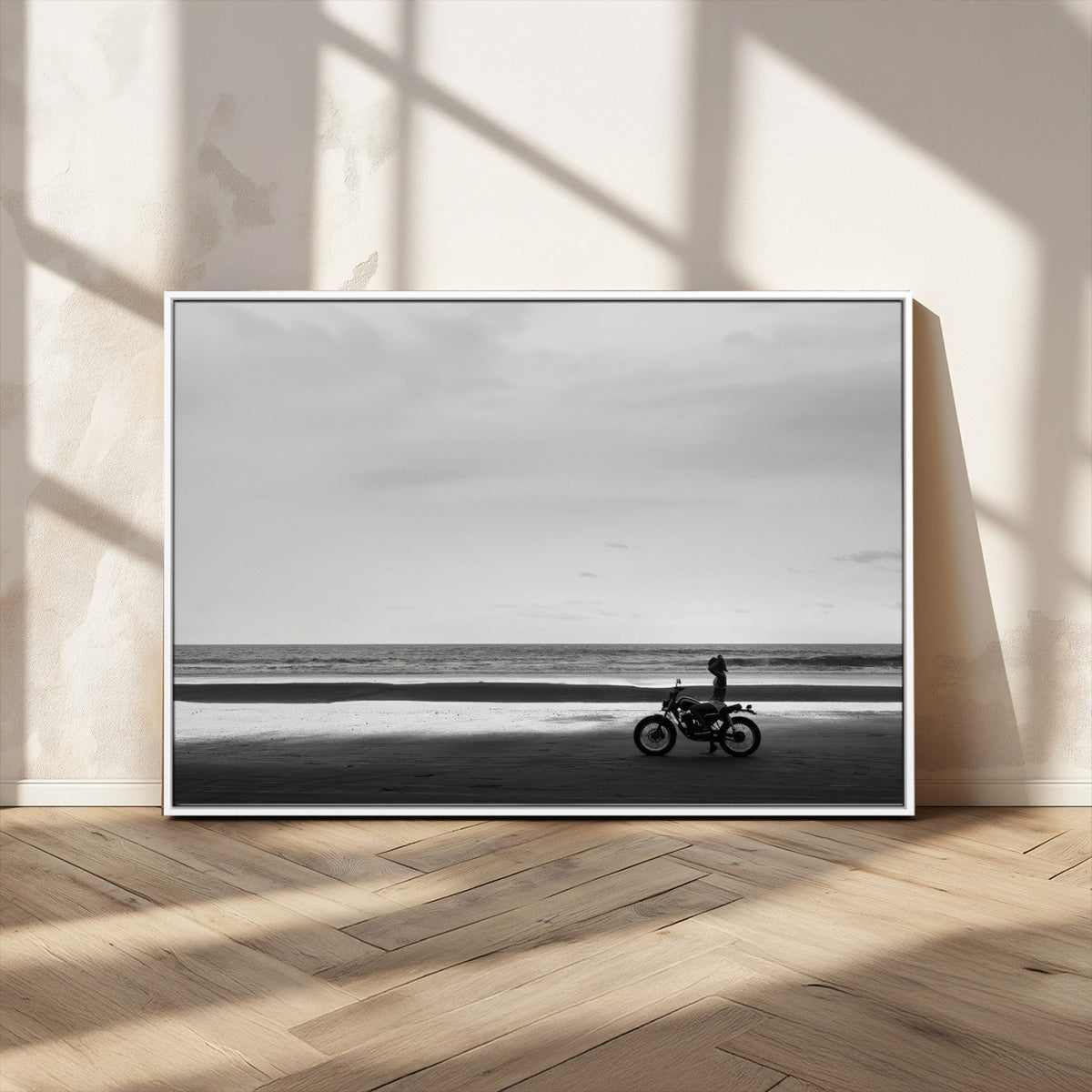 Motorcycle Beach Wall Art Canvas Print, Framed Vintage Motorcycle and Biker Silhouette