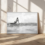 Black and White Surfing Wall Art Canvas Print, Framed Ocean Horizon Surfer Girl