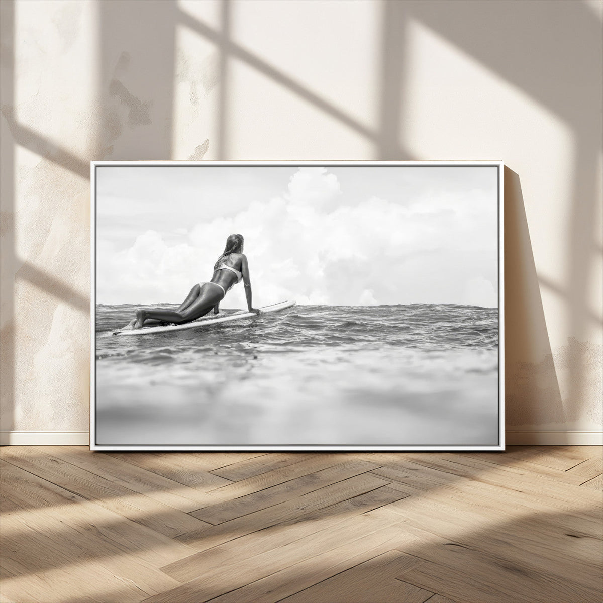Black and White Surfing Wall Art Canvas Print, Framed Ocean Horizon Surfer Girl