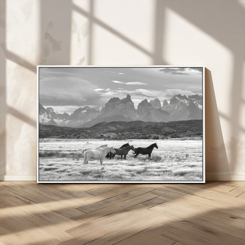 Wild Horses Wall Art | Framed Black White Mountain Canvas