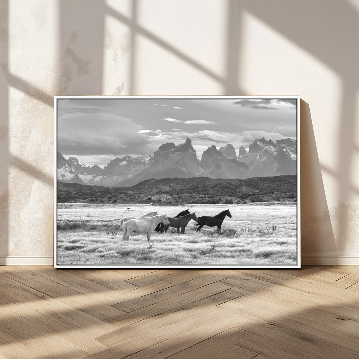 Wild Horses Wall Art | Framed Black White Mountain Canvas