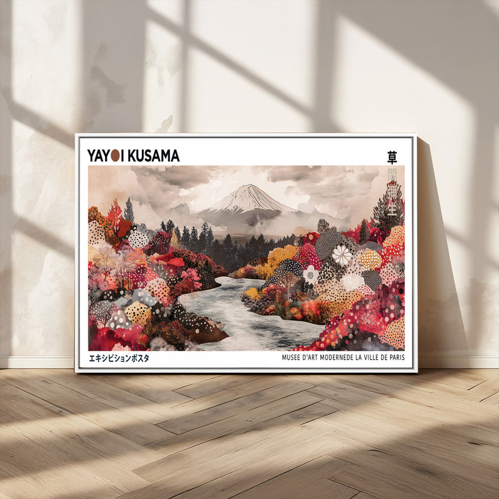 Modern Japanese Wall Art Canvas Print, Framed Abstract Mount Fuji Art, Yayoi Kusama Japanese Landscape