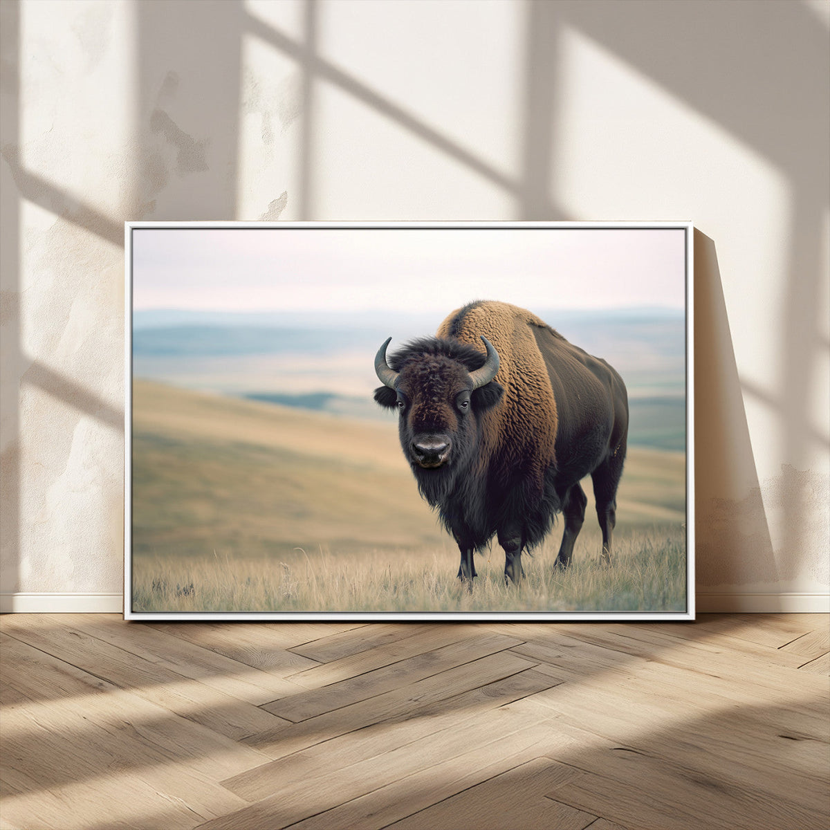 Bison Wall Art Canvas Print, Framed American Buffalo Rustic Western Artwork