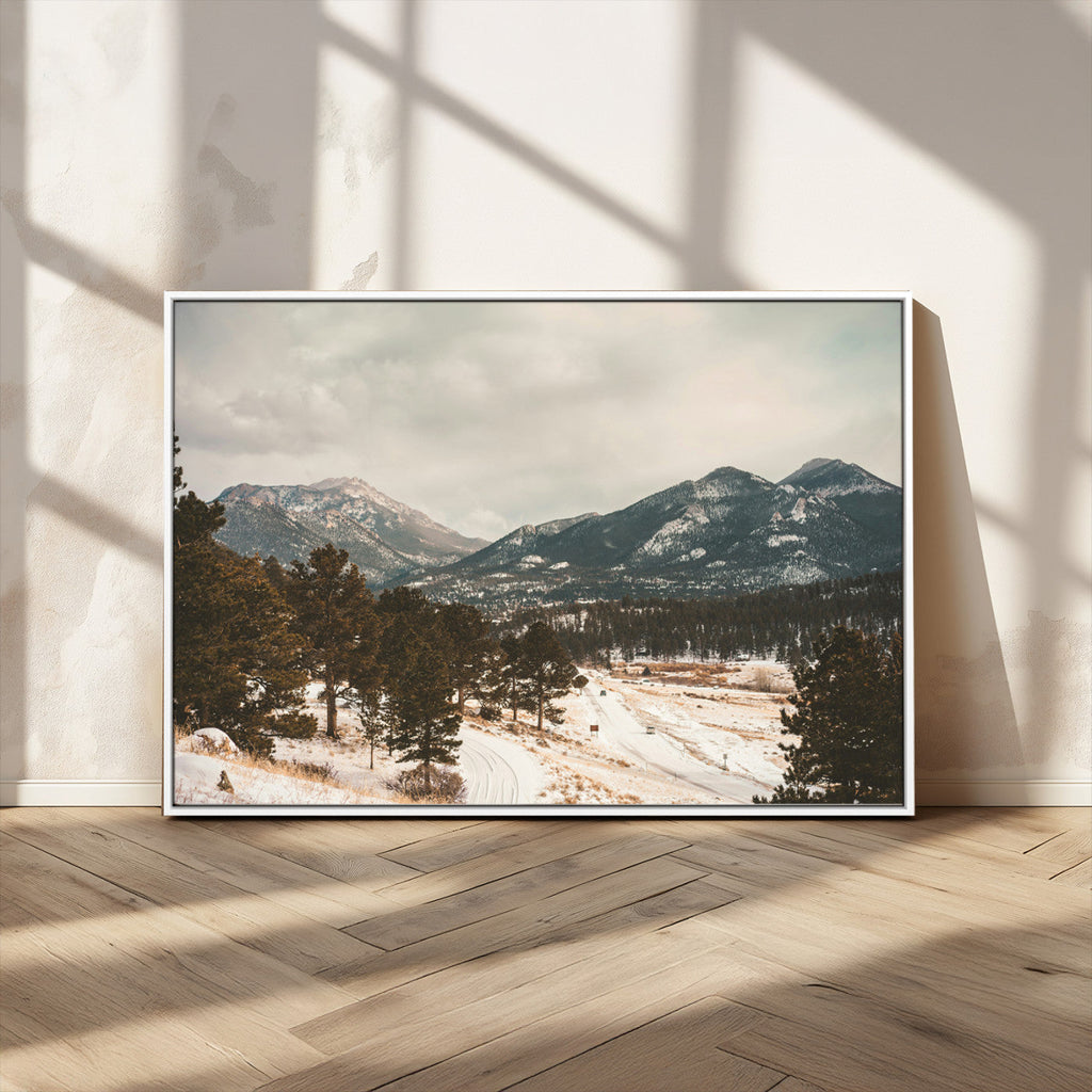 Mountain Landscape Wall Art Canvas Print, Framed Snowy Peaks Alpine Winter