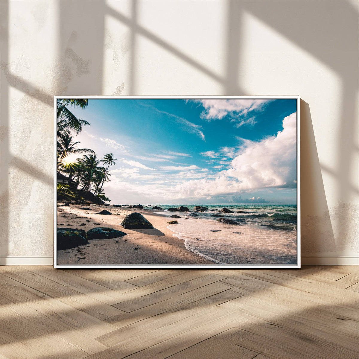Tropical Beach Wall Art Canvas Print, Framed Ocean Waves Relaxing Seascape