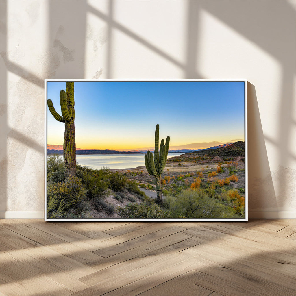 Saguaro Cactus Wall Art Canvas Print, Framed Desert Sunset Southwestern