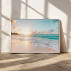 Beach Sunset Wall Art Canvas Print, Framed Ocean Waves Summer Escape