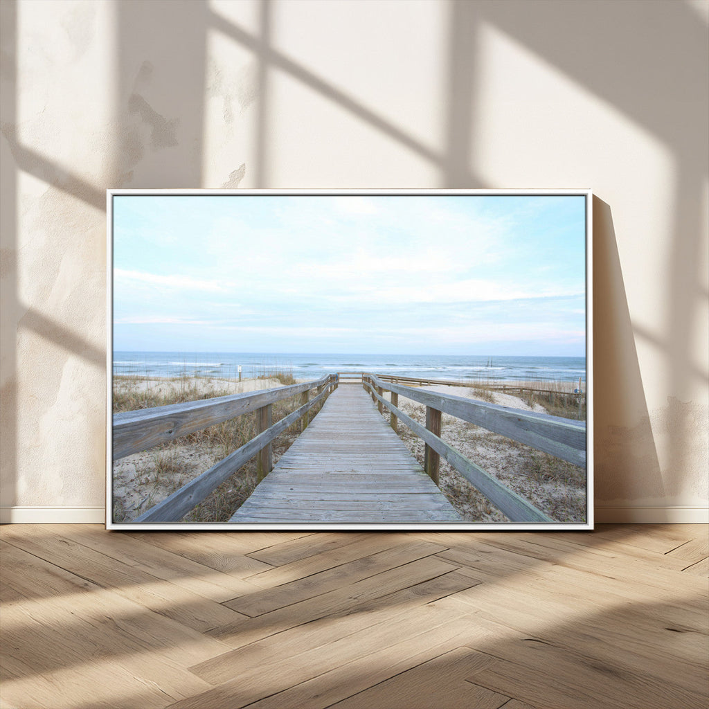 Beach Boardwalk Wall Art Canvas Print, Framed Coastal Serenity Ocean View