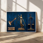 Lady Justice Wall Art Canvas Print, Elegant Gold Legal Symbols on Blue, Law Office Decor