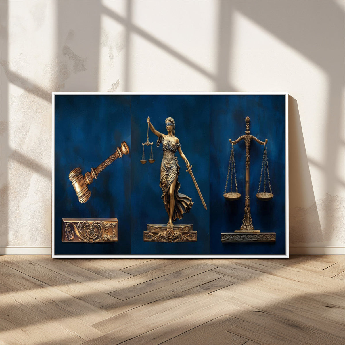 Lady Justice Wall Art Canvas Print, Elegant Gold Legal Symbols on Blue, Law Office Decor