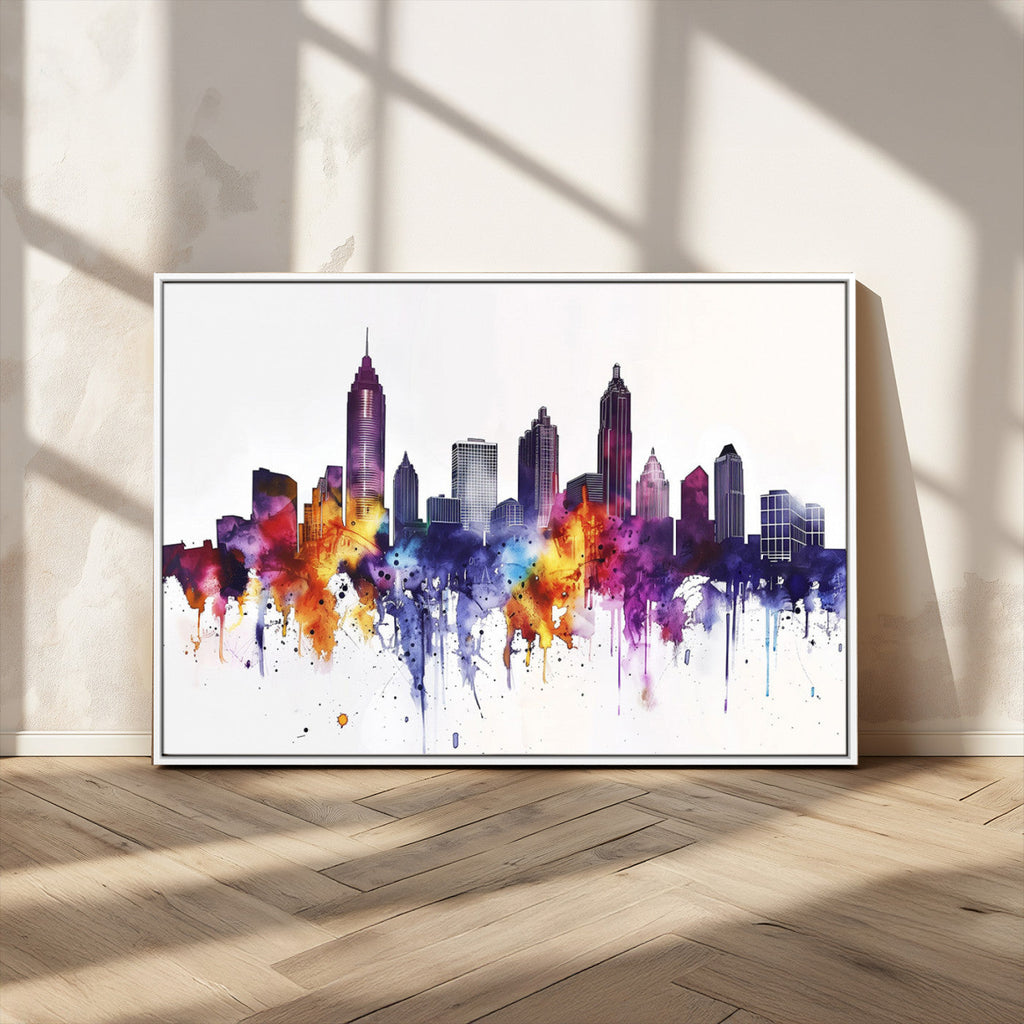 Atlanta Skyline Wall Art Canvas Print, Framed Colorful Watercolor Cityscape
