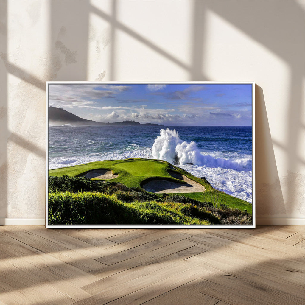 Ocean Waves Crashing Wall Art Canvas Print, Dramatic Rocky Coastline Near a Golf Course
