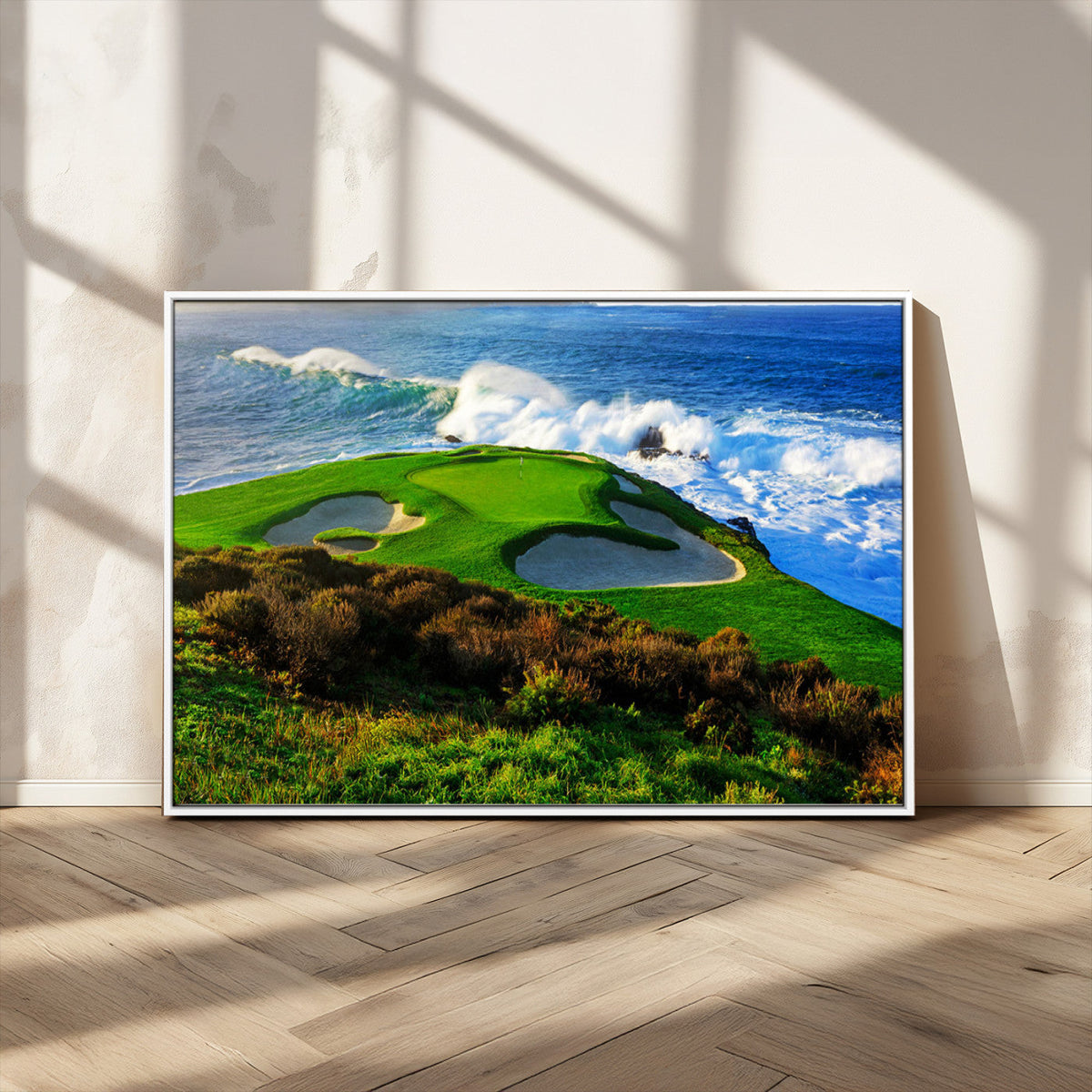 Coastal Golf Course Wall Art Canvas Print, Vibrant Green with Sand Bunkers and Ocean Waves