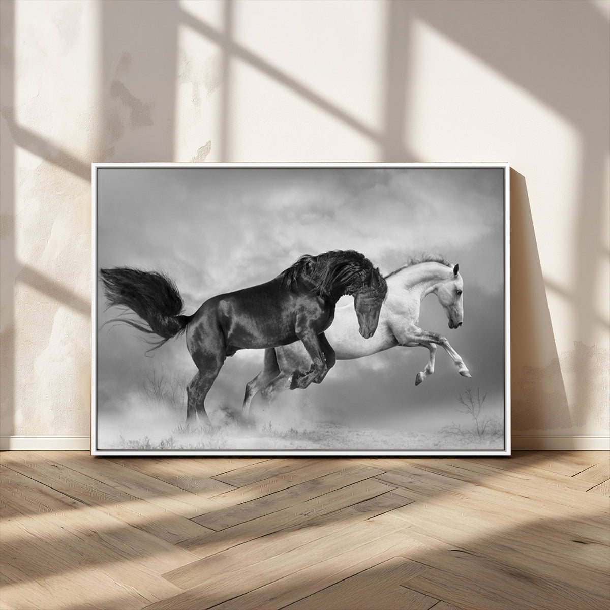Wild Horses Wall Art Canvas Print, Framed Black and White Galloping Horses
