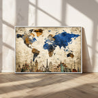 World Map Canvas Print | Vintage Blue and Gold World Map Wall Art
