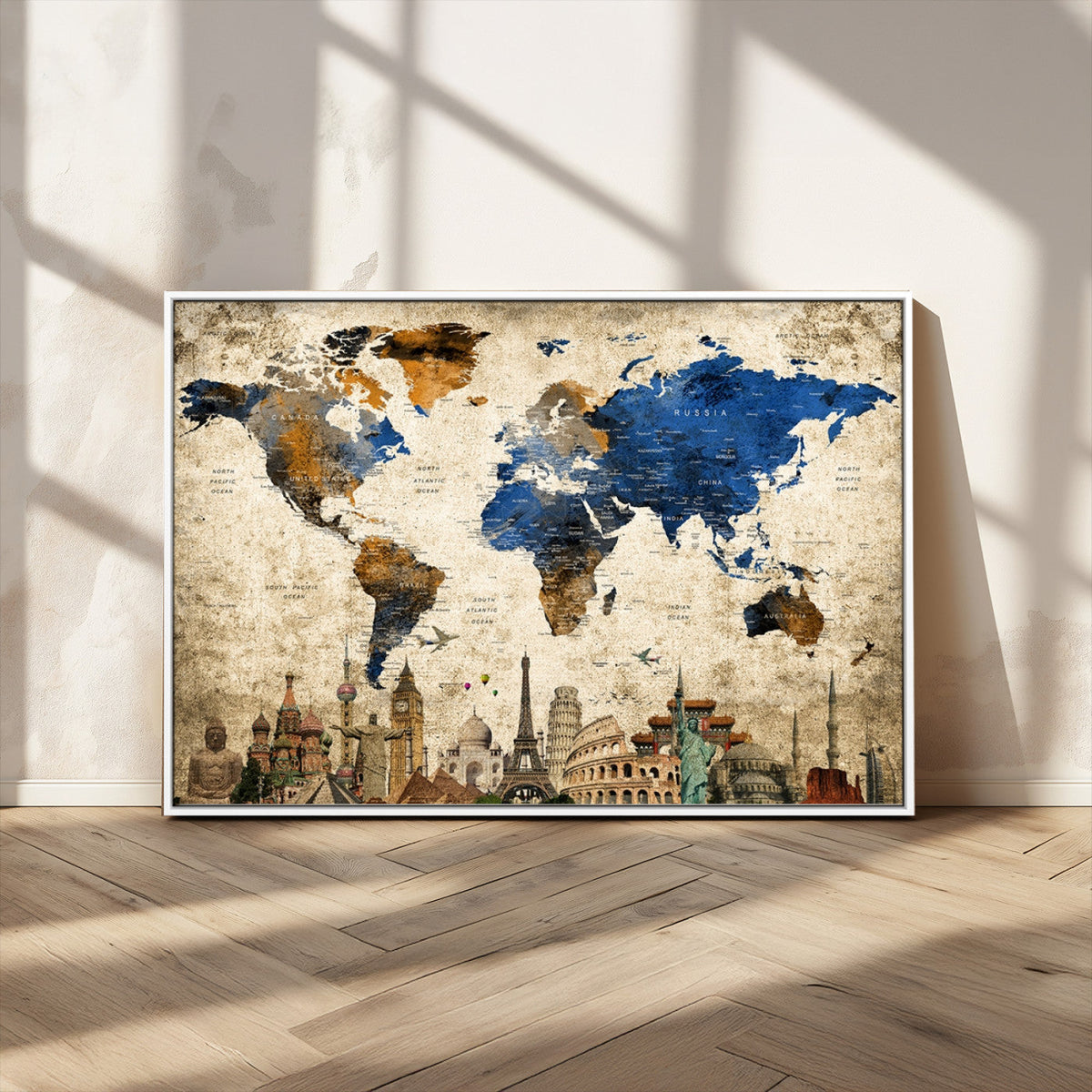 World Map Canvas Print | Vintage Blue and Gold World Map Wall Art