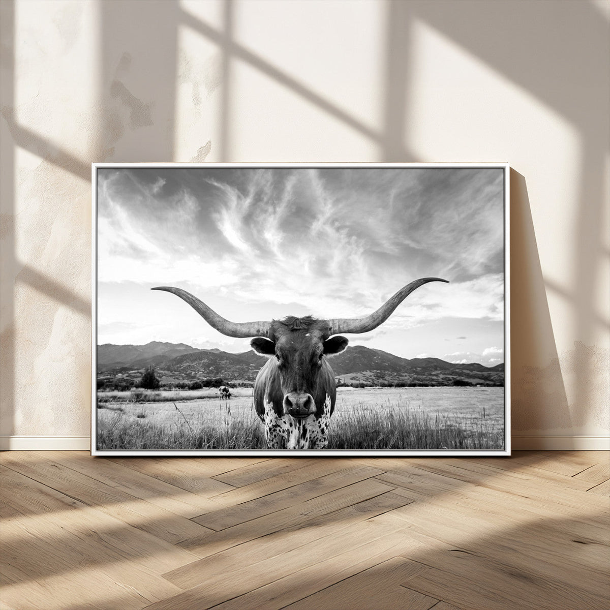 Longhorn Black and White Wall Art | Rustic Western Bull Canvas Print