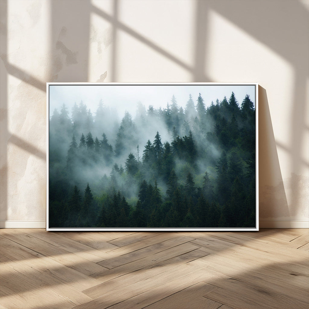 Misty Forest Wall Art | Serene Green Landscape Canvas Print