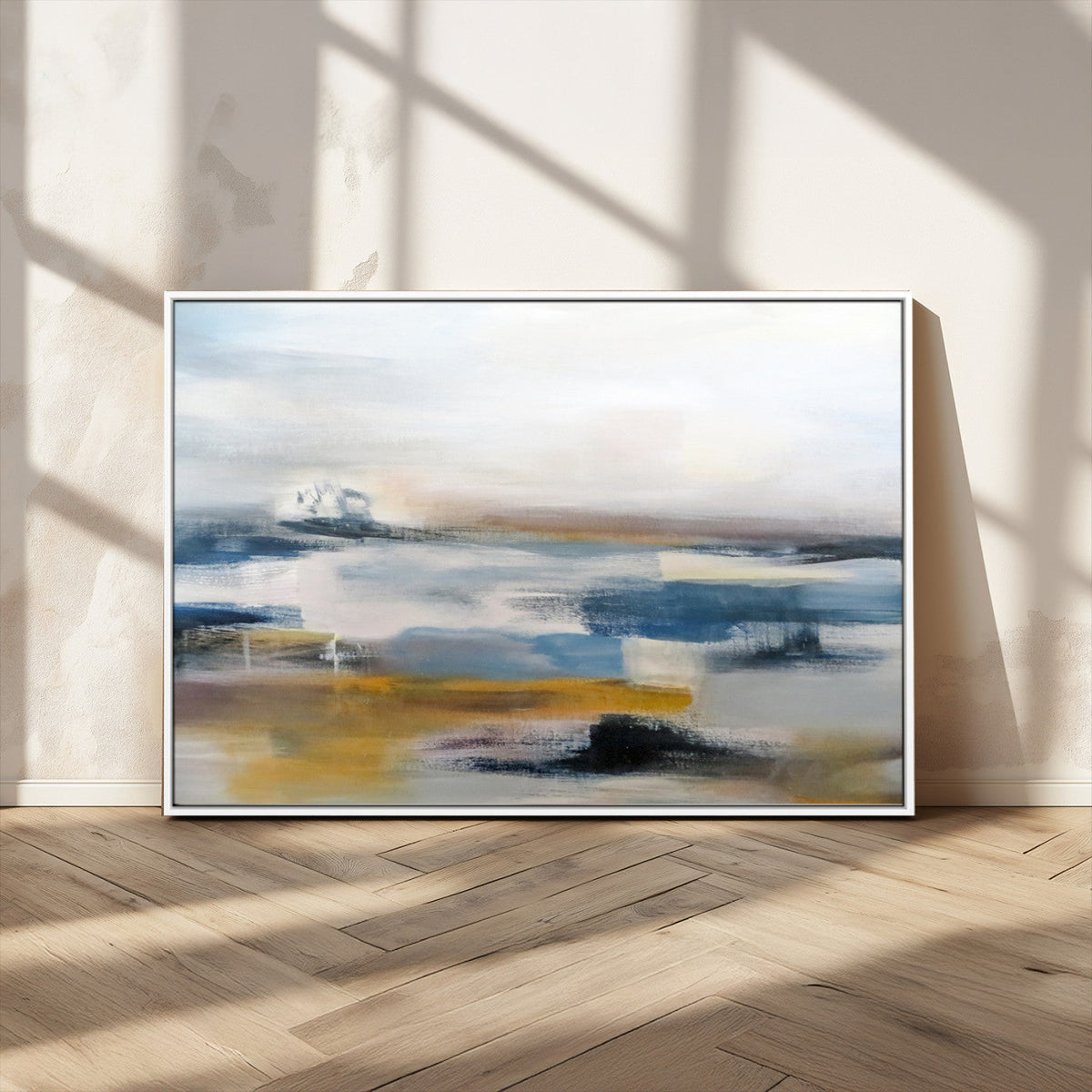 Abstract Landscape Wall Art Canvas | 3 Panel Modern Blue, Gold and White Canvas Art