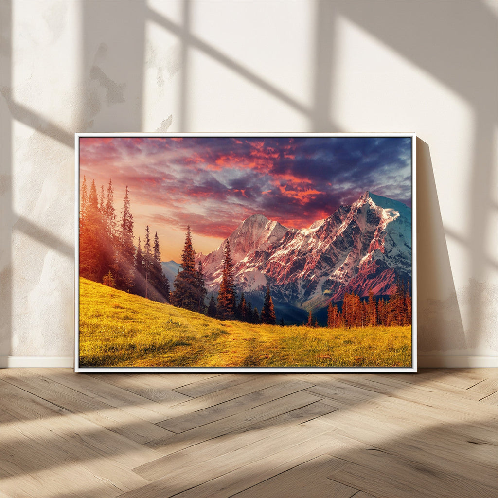 Mountain and Daylight Red Sunset Wall Art Canvas Print