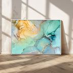 Abstract Aqua and Gold Fluid Wall Art Canvas | 3 Panel Large Canvas Print