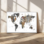Modern Metallic World Map Canvas Wall Art | Framed Contemporary World Map Print